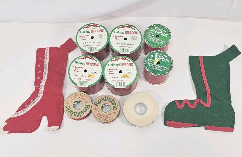 Vintage Christmas Ribbon Decorative Stockings Lot Santa Rudolph Reindeer Frosty